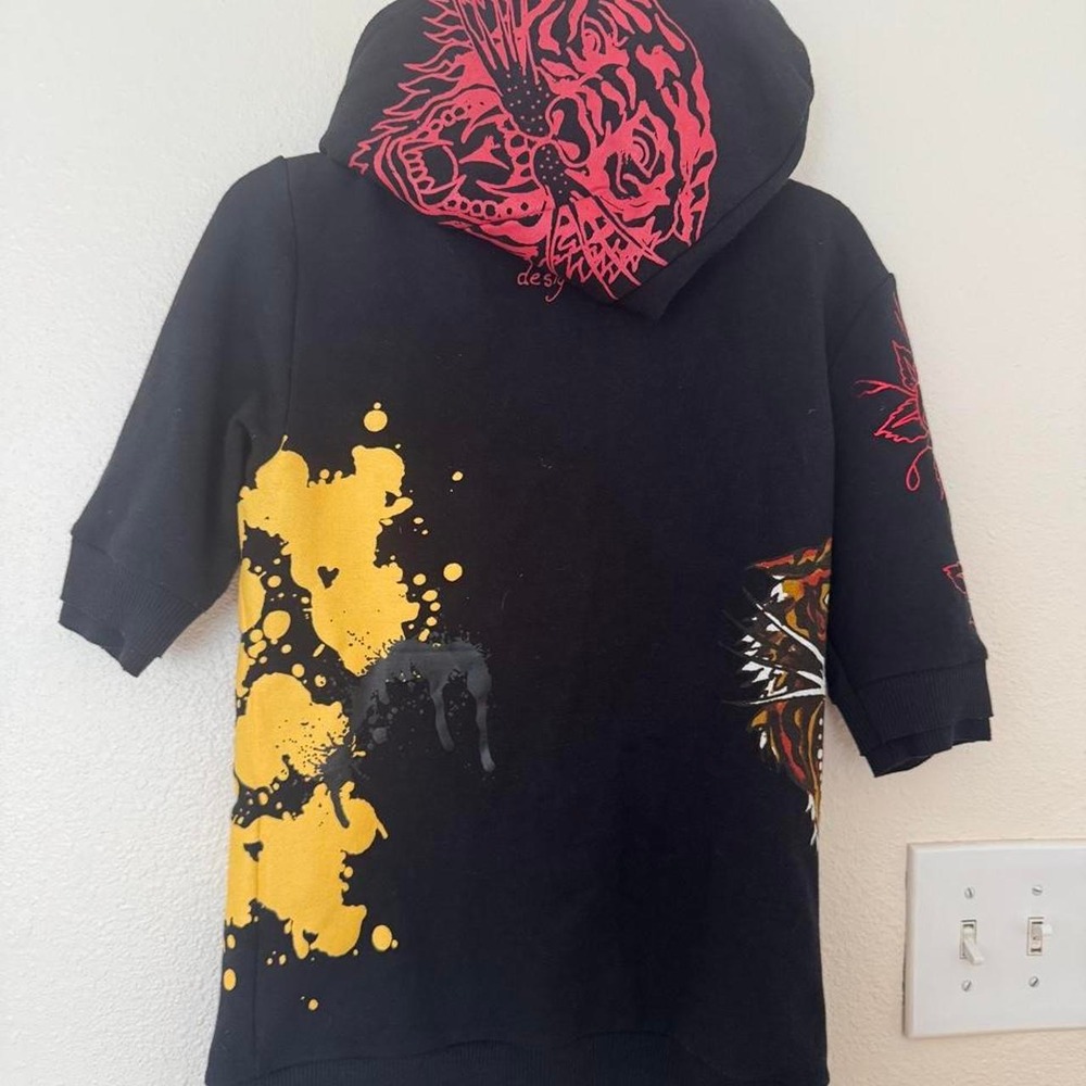 Ed Hardy Intimates Tiger Rose Gold Foil Short Sleeve Zip Up Hoodie Black Large - Picture 5 of 8